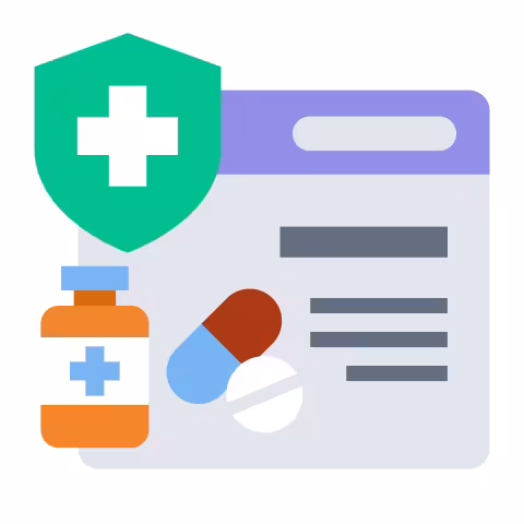 Icon of a medical document with a green shield, medicine bottle, and pills
